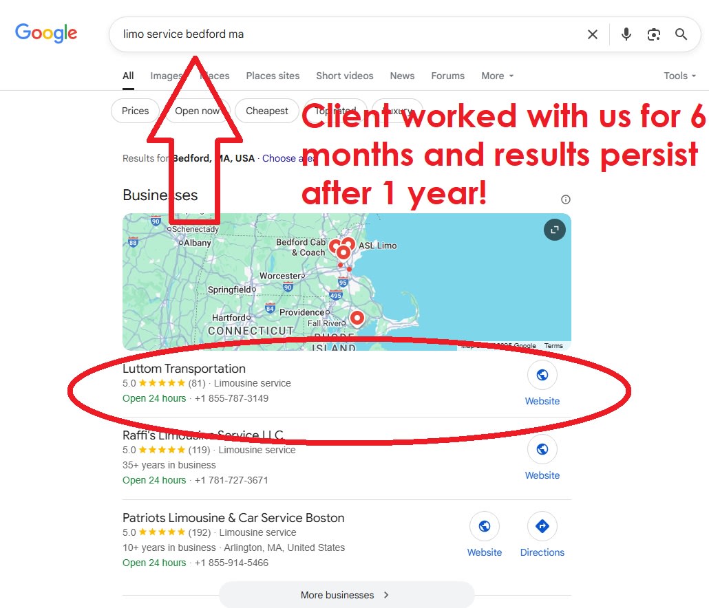 Limo Service ranked #1 on Google Maps - Results persist after 1 year