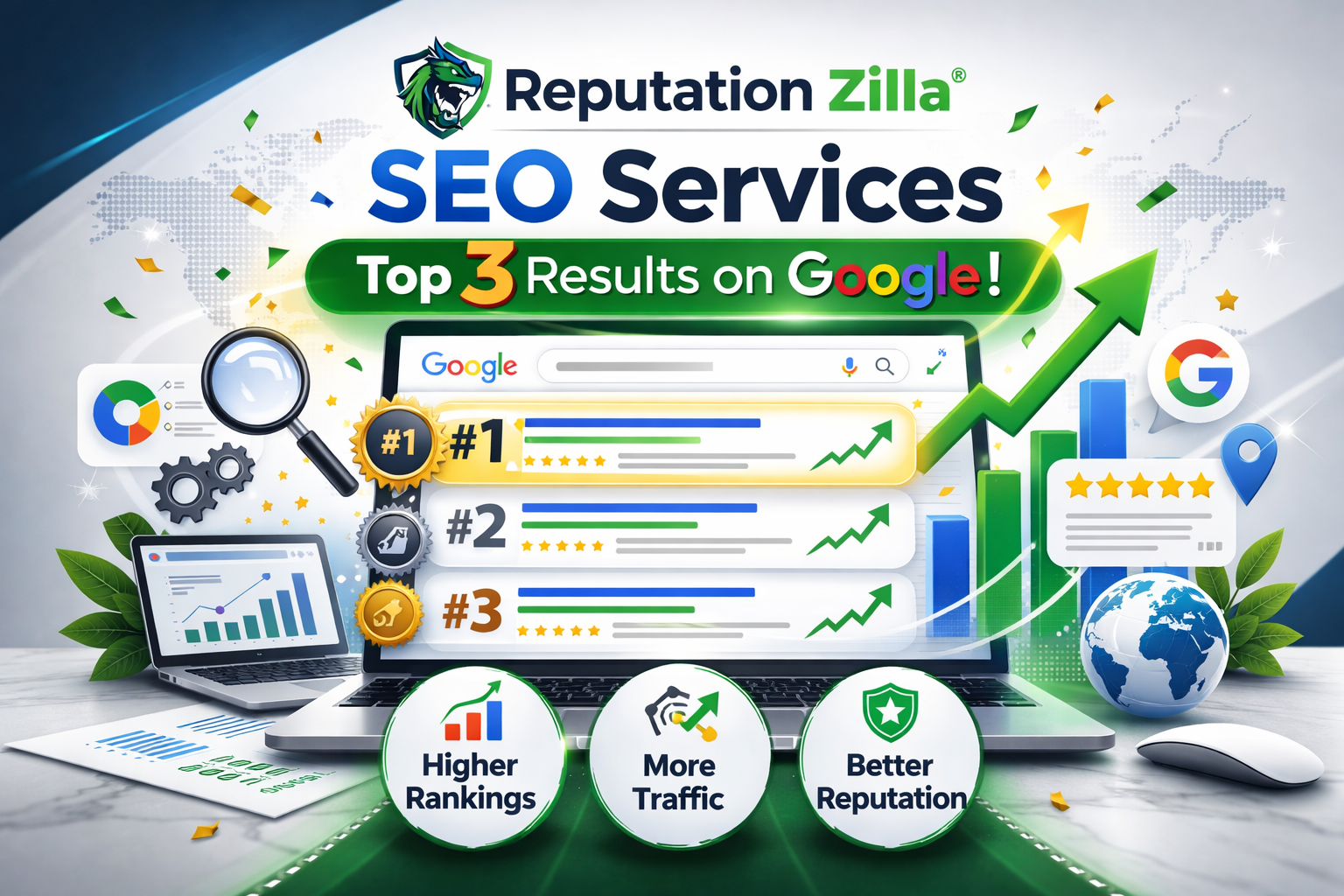 Top 3 Google search rankings achieved by ReputationZilla SEO services
